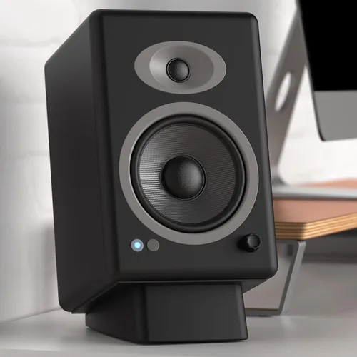 Vista 6 de HumanCentric Soporte de altavoz de escritorio para altavoces medianos, elevador en ángulo de silicona antivibración para computadora, estantería