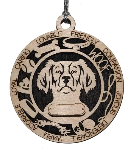 Vista 210 de Adorno de Navidad personalizado para perro Cavalier King Charles Spaniel, redondo de 3 pulgadas, madera cortada con láser de 2 capas, nombre y texto