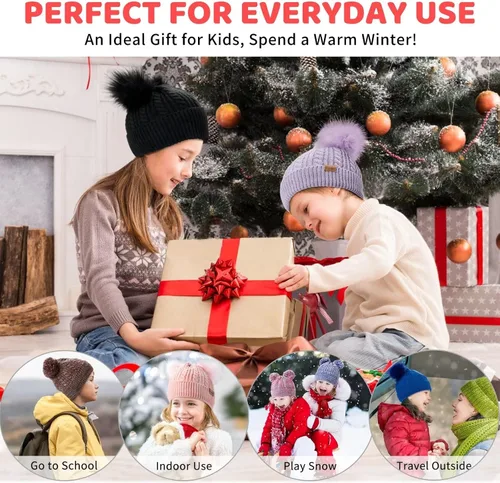 Vista 7 de Winter Hat for Kids Toddler Children, Girls Beanie with Double Pom Pom Warm Fleece Lined, Girls Accessories Knit Beanies Cap