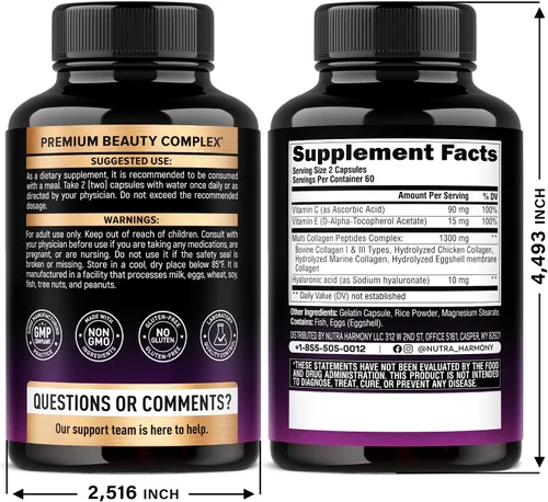 Vista 2 de Péptidos de colágeno múltiple – Tipos hidrolizados I, II, III, V y X – Suplemento de colágeno para mujeres 1300mg – con ácido hialurónico, vitaminas