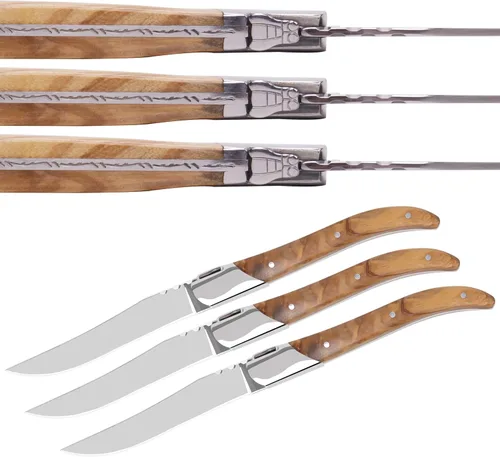 Vista 2 de LUVCOSY Juego de cuchillos para carne estilo Laguiole de 6, juego de cuchillos para carne sin dientes con mango de madera de olivo, cuchillos