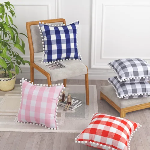 Vista 6 de Juego de 2 fundas de almohada cuadradas con pompones de algodón, estilo retro, estilo casa de campo, a cuadros, para sofá, automóvil, 12 x 12 Rosa