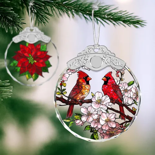 Vista 3 de Adornos de Navidad – Pájaros Cardenales y Flores Ornamento de Vidrio Emplomado – Decoración Navideña – Adornos para Árbol de Navidad – Regalos
