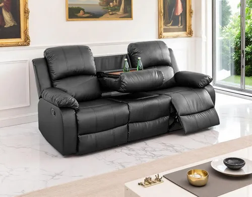 Vista 25 de Sofá reclinable manual moderno, sofá reclinable de cuero de 3 plazas, sofá reclinable de sala de estar, sofá con portavasos y mesa abatible
