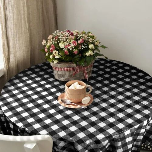 Vista 4 de Remagr Mantel Desechable de Cuadros Redondo de Plástico Buffalo Plaid Mantel de Mesa de 84'' Cubierta de Mesa Gingham para Picnic Camping BBQ Fiesta