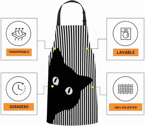 Vista 4 de oFloral Delantal de cara de gato negro para hombres y mujeres, delantal de cocina y horneado, baberos de cocina