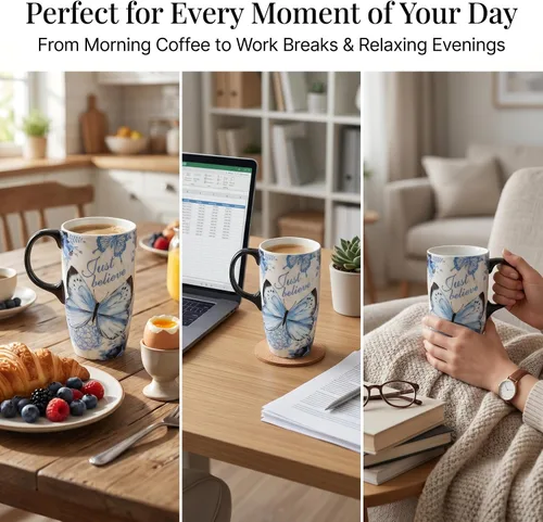 Vista 3 de Topadorn - Taza de viaje de cerámica de 17 onzas con tapa, taza de café de mariposa azul con cita inspiradora, taza de viaje de cerámica grande