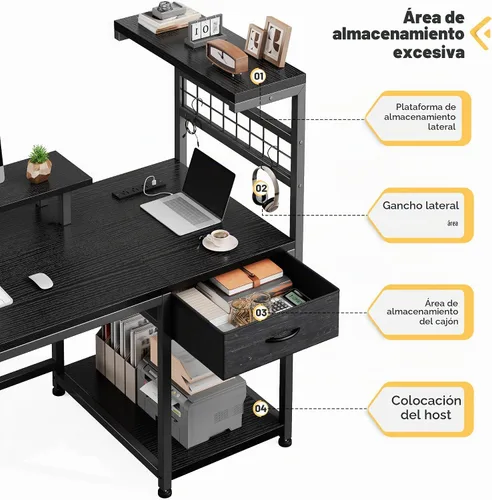 Vista 5 de EnHomee - Escritorio para juegos de 40 pulgadas con luces LED y tomas de Negro