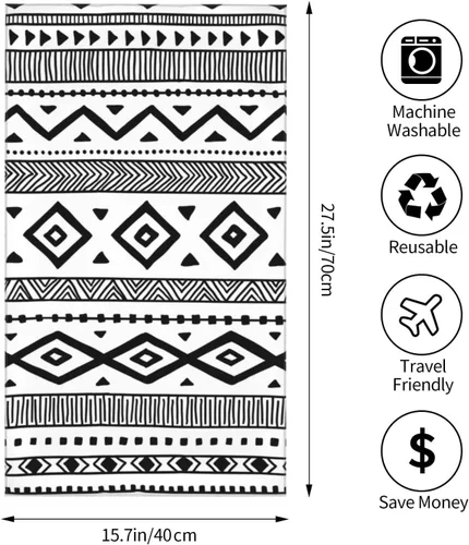 Vista 4 de Juego de 2 toallas de mano en blanco y negro para baño, estilo tribal nativo americano, azteca, étnico, bohemio, suave, absorbente, pequeña, toalla