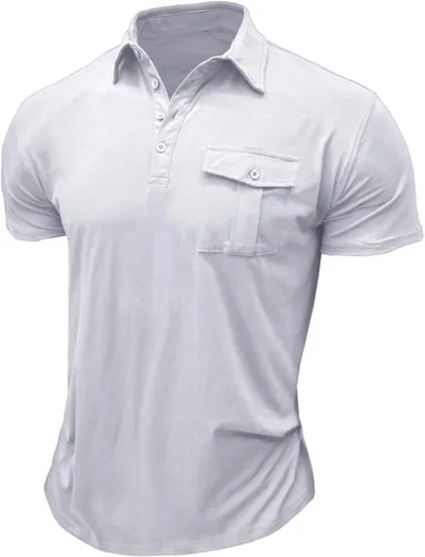 Vista 2 de Mens Short Sleeve Button Down Shirts Pocket Solid Color Tops Tees Short Sleeve Turn Down Pullover T-Shirts Elegant