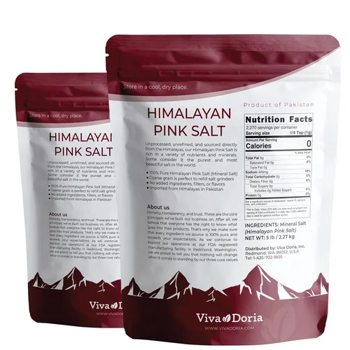 Vista 2 de Viva Doria Sal rosa del Himalaya, sal cristalina, sal gruesa, 10 lb (cantidad: 2, bolsas de 5 libras) Sal del Himalaya auténtica certificada