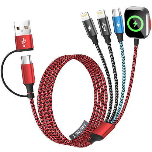 Vista 10 de Travel Essentials - Cable de carga múltiple 4 en 1 para cargador de reloj de iPhone, USB A a doble tipo C/IP/iWatch, cargadores de viaje