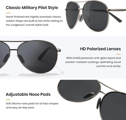 Vista 4 de Cyxus Lentes de sol de aviador para hombre, polarizados, protección UV400, lentes de sol militares piloto de moda para conducir senderismo 1489