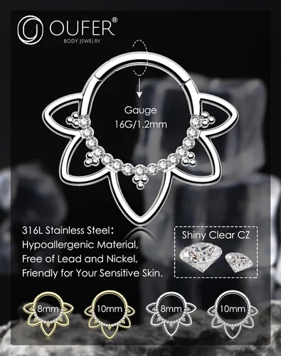 Vista 9 de OUFER Joyería para Piercing Daith, Aretes Daith de Acero Inoxidable 316L, Arete de Aro Daith con Diseño de CZ Transparente 16G, Joyería