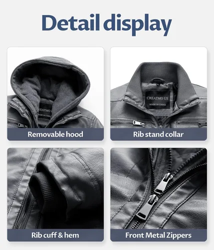 Vista 5 de CREATMO US Chaqueta de piel sintética para hombre, impermeable, resistente al viento, PU con capucha extraíble
