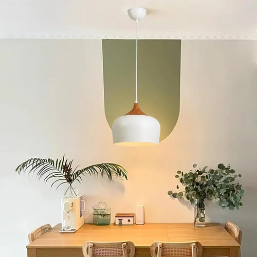 Vista 6 de SUNLLOK Lámpara colgante blanca moderna, con patrón de madera, cúpula minimalista hacia abajo, lámpara colgante de techo, lámpara industrial
