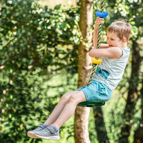 Vista 7 de Columpio de árbol para niños, juego de cuerda de escalada de asiento de un solo disco resistente con correa para colgar y mosquetones de plataforma