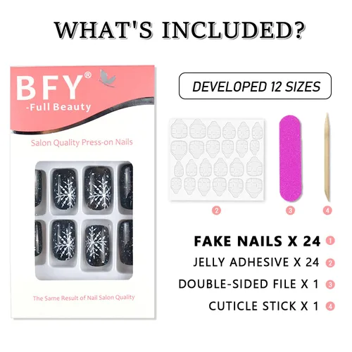 Vista 7 de Uñas postizas a presión con copos de nieve, uñas postizas cuadradas cortas de Navidad, uñas acrílicas negras con purpurina, kit de uñas postizas