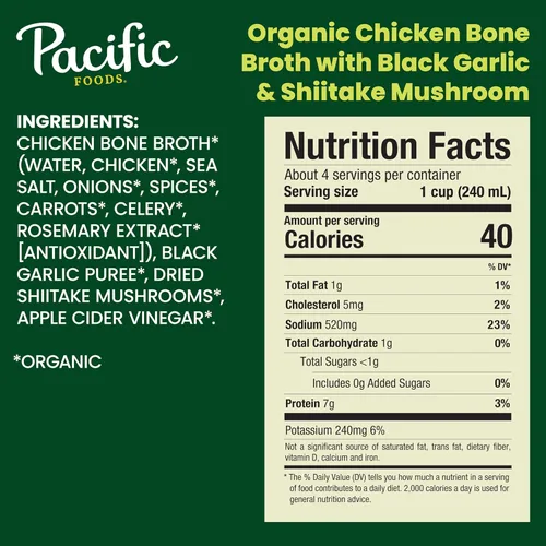 Vista 2 de Pacific Foods Caldo de hueso de pollo orgánico con ajo negro y hongo shiitake, caja de 32 onzas