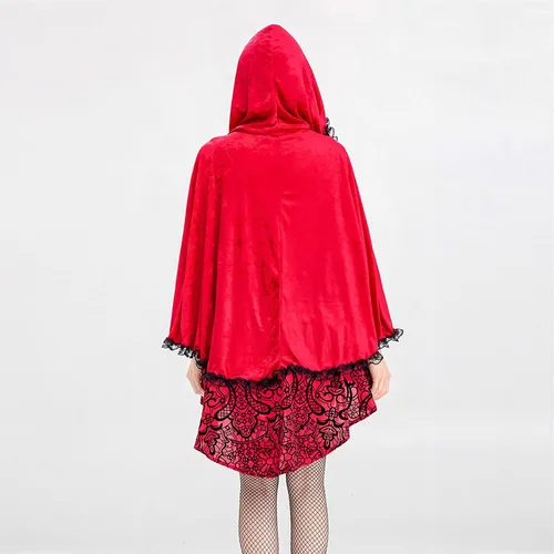 Vista 8 de Disfraz de caperucita roja para mujer, vestido gótico de encaje sexy con cordones y estampado floral con capucha