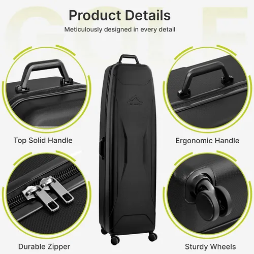 Vista 6 de Funda rígida de viaje de golf con ruedas, diseño de carcasa rígida de PC, impermeable, duradera y de gran capacidad, funda de viaje de golf