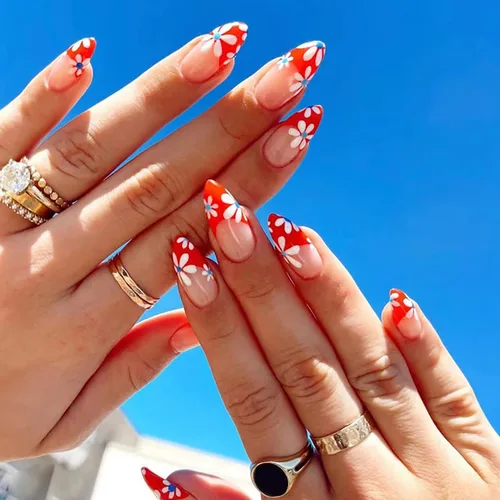 Vista 15 de Uñas postizas cortas francesas en forma de almendra con diseño de línea dorada y estampado de leopardo, uñas artificiales acrílicas de cobertura