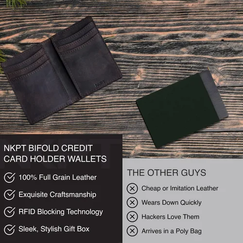 Vista 4 de Cartera de cuero prémium para tarjetas de crédito para hombres Cartera delgada con bloqueo RFID, Combinación marrónbronceado, Minimalista