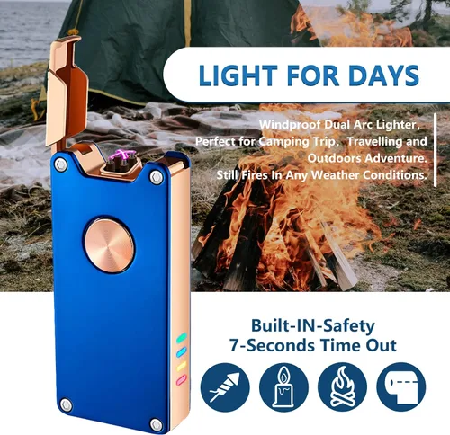 Vista 3 de Encendedor eléctrico, encendedor de plasma de doble arco con indicador de batería LED, recargable, resistente al viento, sin llama, con caja de Azul