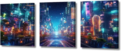 Vista 125 de Lienzo decorativo para pared de sala de estar, lienzo Cyberpunk, decoración de pared de 3 paneles, decoración de pared para el hogar, dormitorio