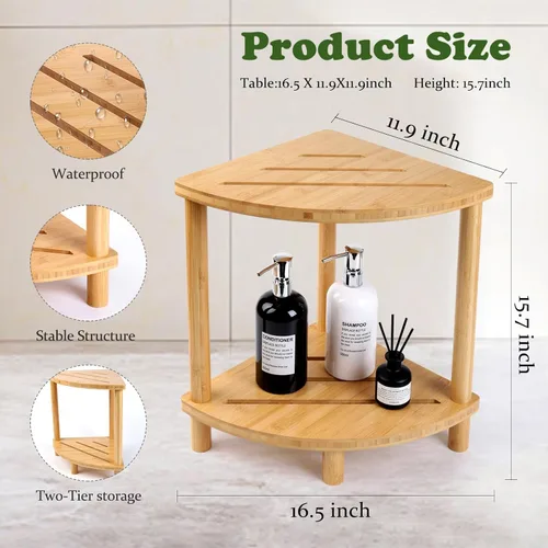 Vista 3 de Taburete de ducha de bambú para ducha interior de 2 niveles, banco de ducha de esquina Waterproof,Shower Foot Rest with Storage,Space-Saving,Bath
