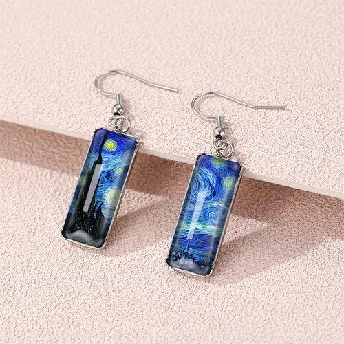 Vista 4 de Van Gogh - Aretes colgantes con diseño de girasol y cielo estrellado para mujer, aretes de arte abstracto