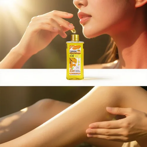 Vista 4 de Aceite corporal de cúrcuma de 6.8 fl oz para masaje e hidratación diaria, hidratación profunda con vitamina E, colágeno, aceite de cúrcuma para cara