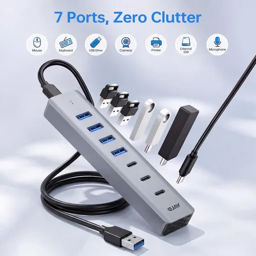Vista 2 de Hub USB3.0 de 7 puertos, 4 USB-A y 3 USB-C multipuerto USB Splitter