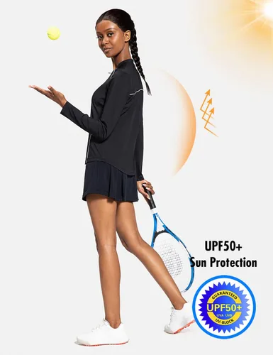 Vista 3 de BALEAF Camisetas de manga larga para mujer, tenis y golf, UPF 50+ con cremallera de 14, de secado rápido