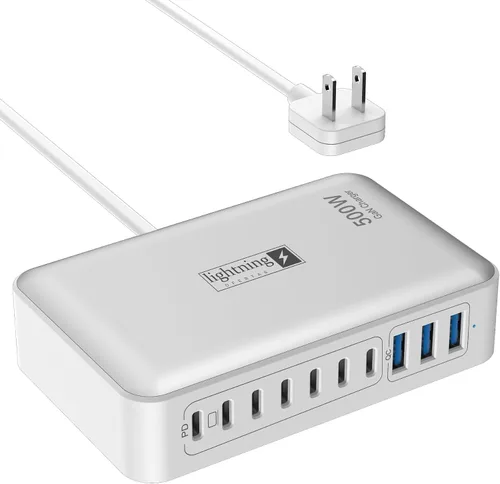 Vista 15 de Estaciones de carga múltiple de 8 puertos de 200 W con enchufe plano, cable de alimentación trenzado e interruptor de encendido/apagado