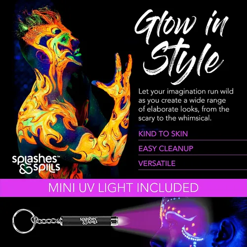 Vista 6 de Splashes & Spills Barras de pintura UV para rostro y cuerpo, pintura corporal UV, pintura facial UV para disfraces, cosplay, teatro, club, brilla