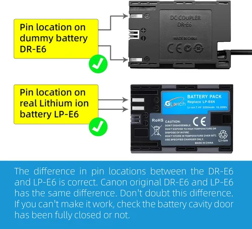 Vista 5 de Glorich ACK-E6 Adaptador de corriente de CA DR-E6 Acoplador DC LP-E6 LP-E6N Kit de fuente de alimentación de batería ficticia para cámaras Canon EOS