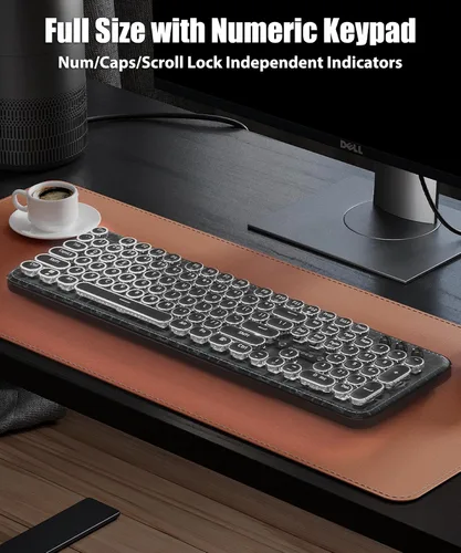 Vista 6 de Teclado de máquina de escribir con panel de piel sintética, inalámbrico de 2.4 G/Bluetooth/USB con cable, teclado mecánico estético