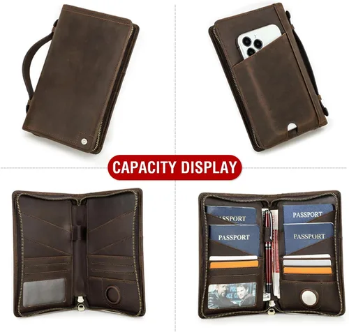 Vista 7 de Funda de cuero de grano superior para pasaporte de viaje para hombre y mujer, hecha a mano para 4 pasaportes y múltiples tarjetas, bloqueo RFID