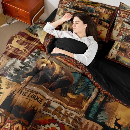 Vista 110 de Feelyou Juego de edredón de ciervo con sábanas – Tamaño Queen 7 piezas Juego de ropa de cama infantil de caza rústica – Cama de ciervo de cabaña