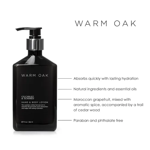 Vista 2 de Gilchrist & Soames Warm Oak Loción para manos y cuerpo, 9 onzas, aceites esenciales, natural, todo tipo de piel, cero parabenos, sulfatos y ftalatos