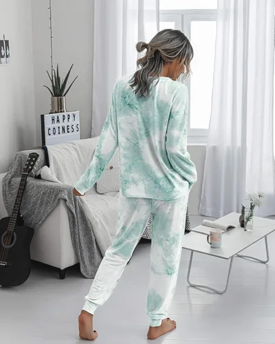 Vista 51 de Prettygarden - Conjunto de pijama de dos piezas para mujer, diseño de teñido anudado, sudadera informal de manga larga con pantalones largos, ropa
