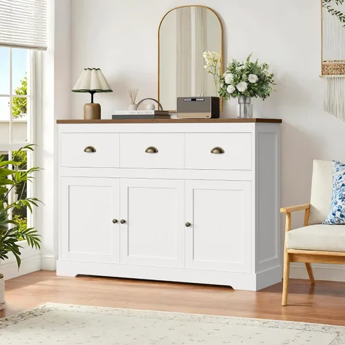 Vista 4 de Keyluv Armario de buffet blanco para almacenamiento, aparador de cocina, estilo granja, bufé, bar, gabinete de vino con 3 cajones y 3 puertas