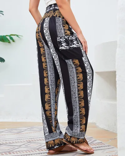 Vista 2 de QIANXIZHAN - Pantalones deportivos de tiro alto para mujer, diseño estilo harén bohemio con bolsillos, para yoga