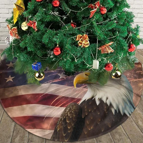 Vista 5 de Faldas de árbol de bandera estadounidense, adornos de Navidad, tapete de árbol de águila de fuegos artificiales para fiestas de Navidad, vacaciones