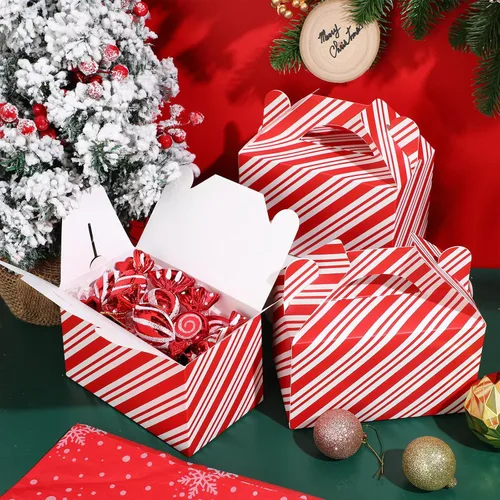 Vista 3 de Cholemy 50 piezas de cajas de regalo de Navidad con asa, cajas de diseño rojo y blanco, cajas de galletas y dulces de Navidad, cajas de papel