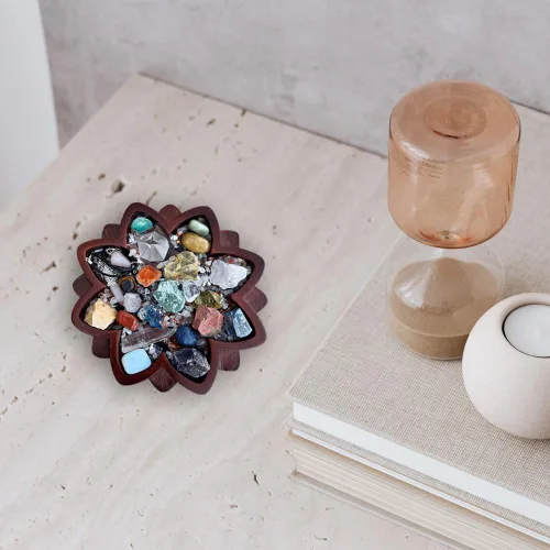 Vista 4 de Bandeja de cristal de loto de madera para piedras, muestra tus cristales y piedras curativas, soporte de cristal para exhibición de rocas, cuenco