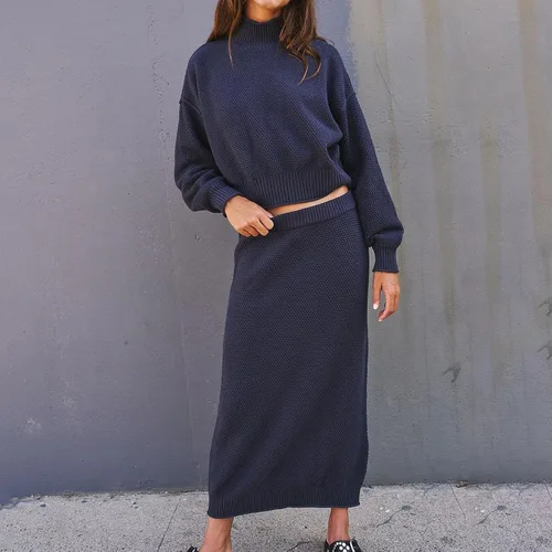 Vista 5 de FAMOORE Control High Waist Swimsuit Set Outfits Mock Neck Long Sleeve Sweater Knit Maxi Long Skirt Sets Sweatsuit Evening