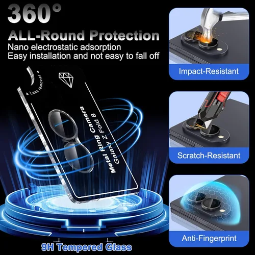 Vista 5 de Casetego Protector de lente de cámara para Galaxy Z Fold 8, [Diseño de purpurina mejorado], [Fuerte adherencia], lente de vidrio templado 9H negro