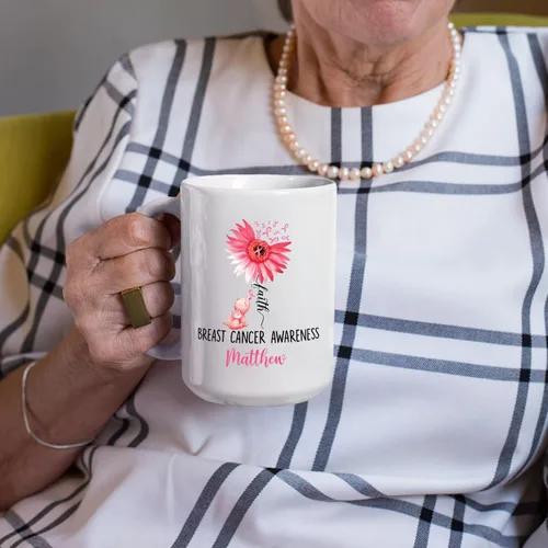 Vista 6 de Taza de café de concientización sobre el cáncer de mama con nombre personalizado, taza de café de 11 onzas, taza de té de cerámica blanca